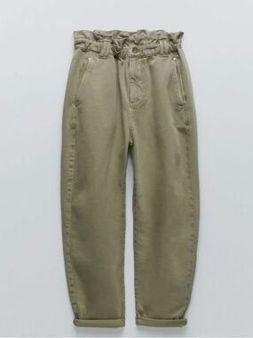 Zara high waisted, baggy, paper bag, denim ankle pants washed olive green | GUC